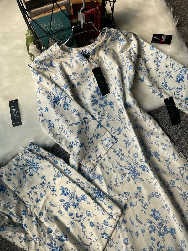 Kurttistic Digital printed Co-ords ( white & blue )