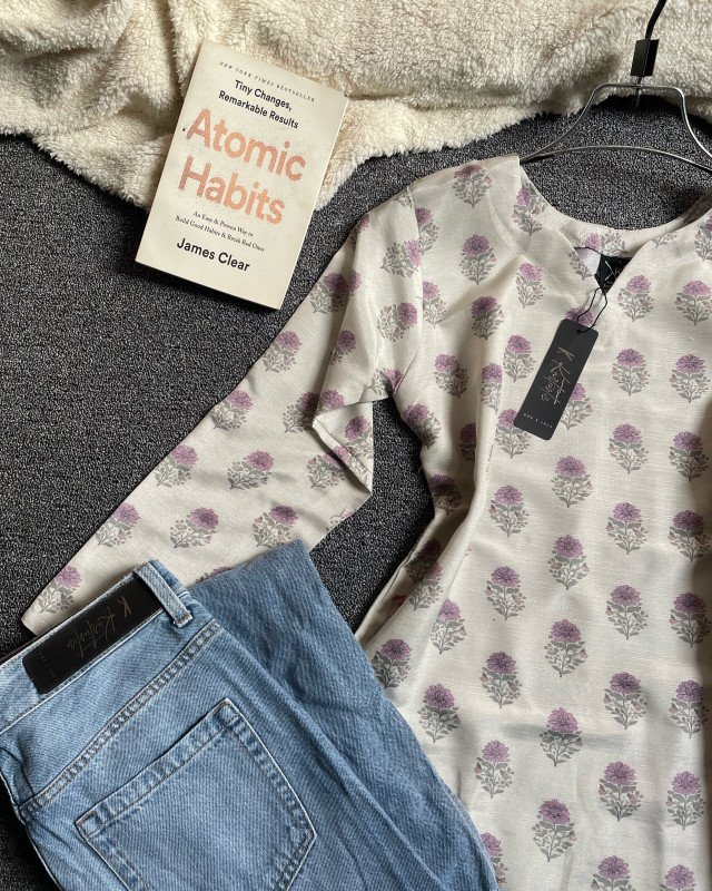 short kurti and jeans - Off-white base with lavender floral print