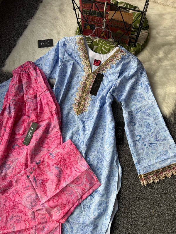 "SHAYRA"  deeper blue paisley print with Rose Pink pant.