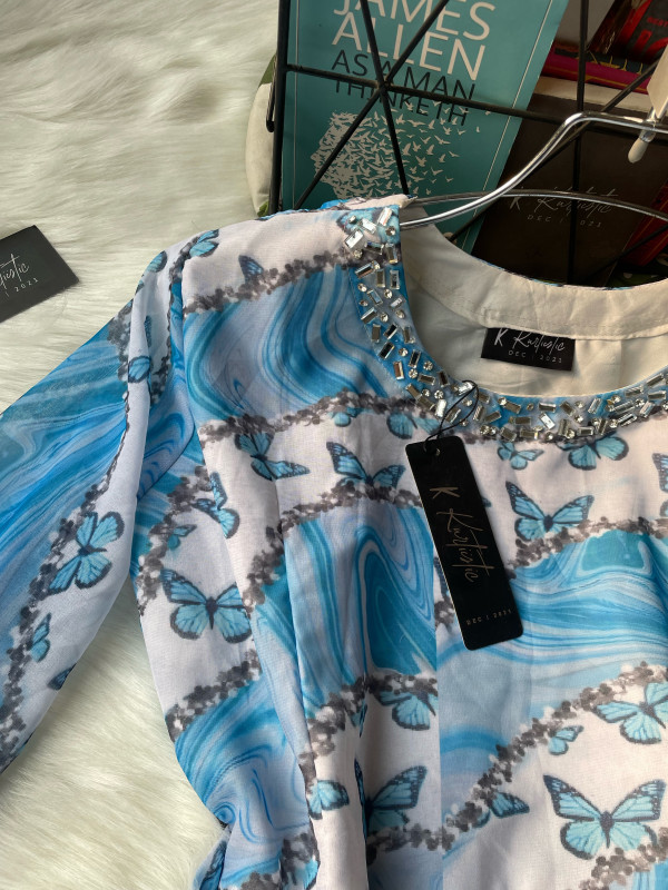 Blue shades  butterfly digital printed stone work gown - Kurtiisti