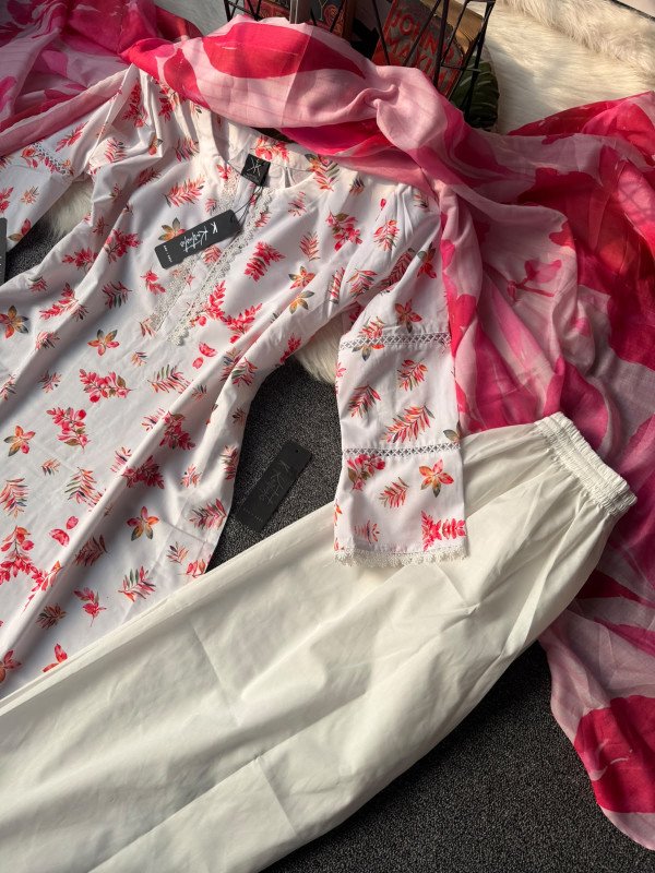 KURTIISTIC - white floral printed three piece set.