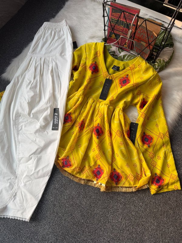 Bright Mustard Yellow - (চুড়িদার ) ! Churidar kurti with / White Overlap Tulip Shalwar