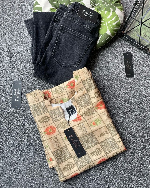 kurtiistic White Gold kurti w/ jeans - Base: Soft Beige / Sand  Print: Olive Brown, Coral Red, Green