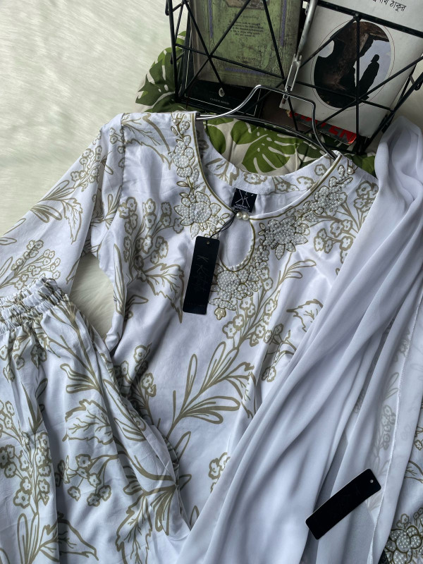 kurtiistic VANGCHUR fabric with digital printed and stone work three pieces ( beige floral )