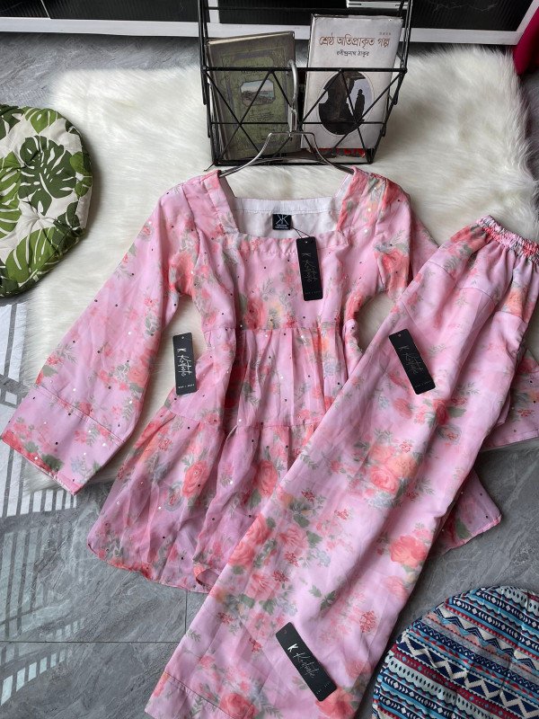 Kurtiistic New Arrivals: “NIRALI” — ( Baby Pink Blossom ) Glittery Stone Work Digital Print Co-ord Set