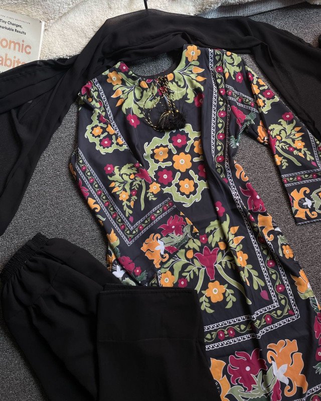 Premium Black Floral Printed Eid Three Piece Set | Kurtiistic