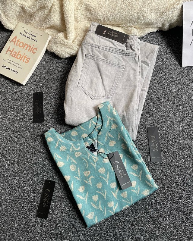 short kurti and jeans - Teal green base with off-white floral print