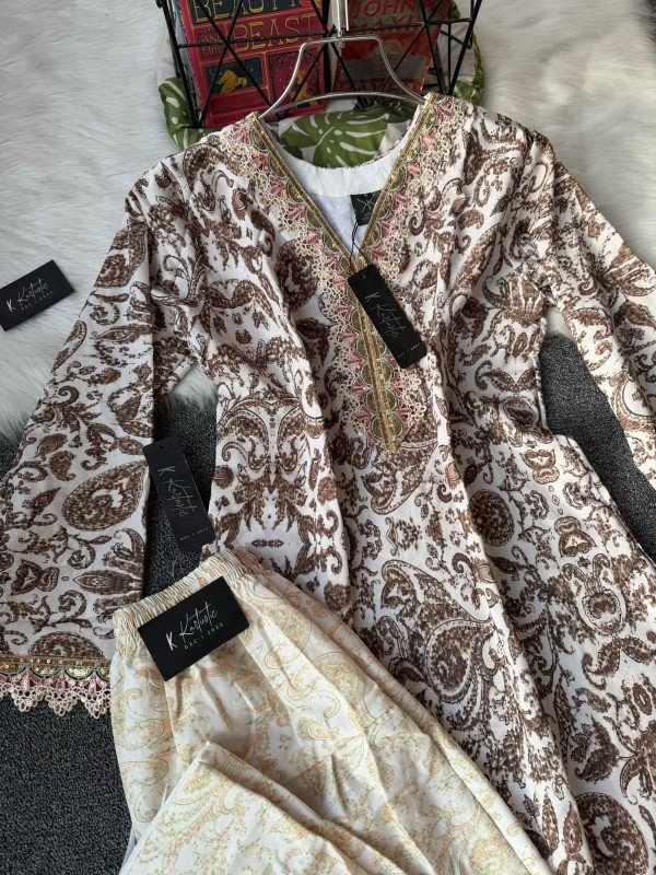 "SHAYRA"  brown paisley/ornamental digital print with light cream pant