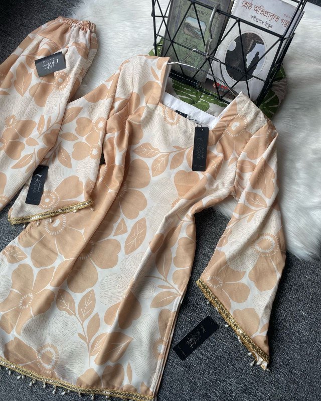 Asymmetric kurtis “BAHAR” co-ords - soft beige/cream base with warm sand floral design