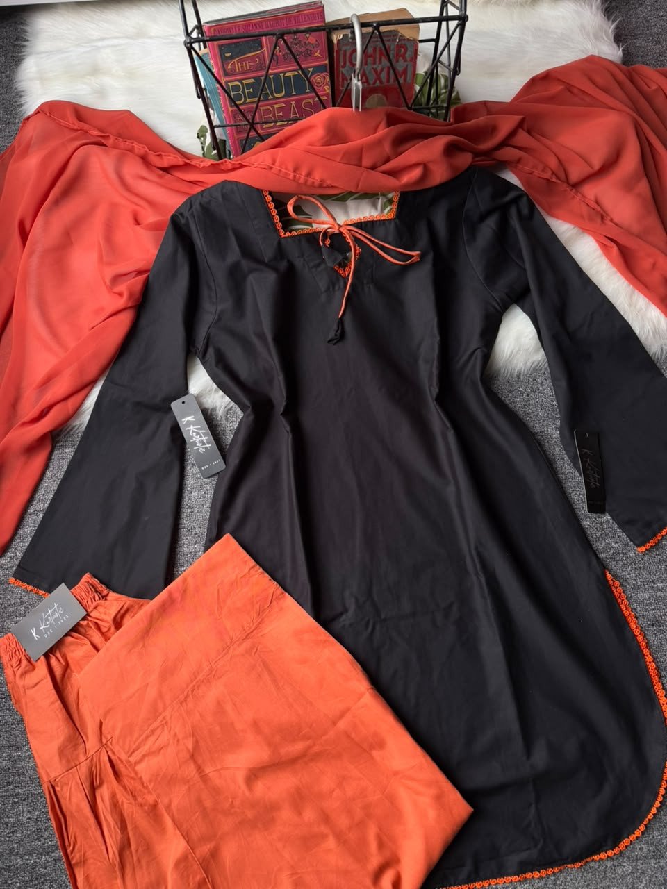 Kurtiistic new arrivals: জুঁই ( black&orange variant ) premium soft cotton three piece set in a unique Color combination.