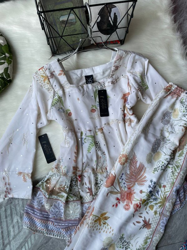 Kurtiistic New Arrivals: “NIRALI” —  [ Off-white ] Glittery Stone Work Digital Print Co-ord Set