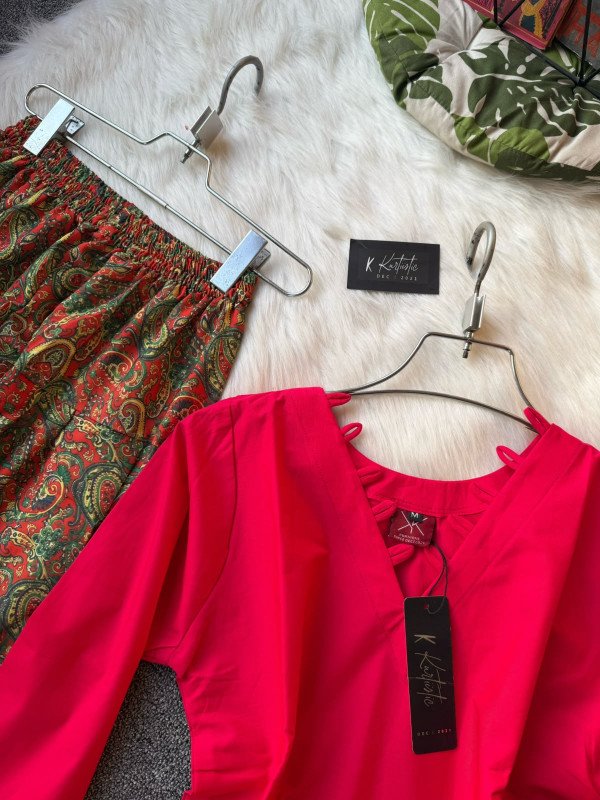 Ruby Red “SHEHNAI” Premium V-Neck Decorative Fabric Loop Detailing with printed FARSHI SHALWAR.
