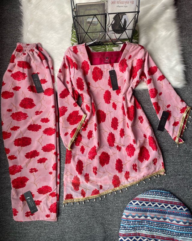 Asymmetric kurtis “BAHAR” co-ords - Red floral print in blush pink