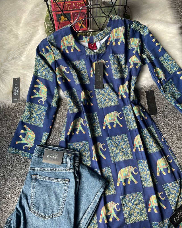 Digital printed premium kurti with jeans — Midnight Sapphire