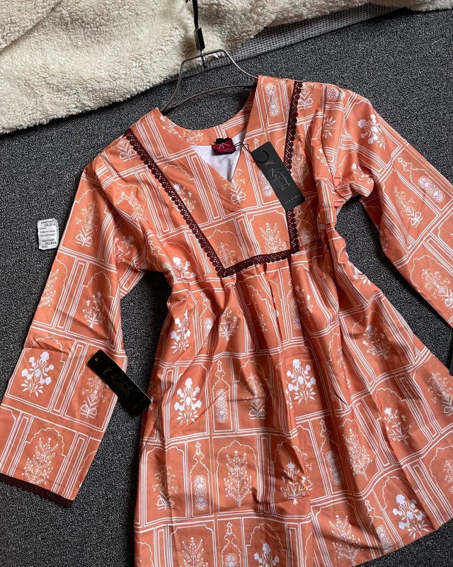 ( Kurtiistic premium short tops & jeans |Terracotta Peach with Ivory Print