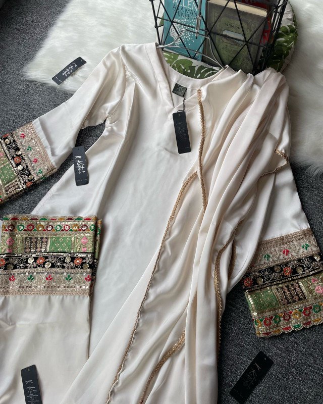 ( creamy off white ) Kurtiistic Eid Collection - 04 | Premium Dubai Silk Fabric three piece set