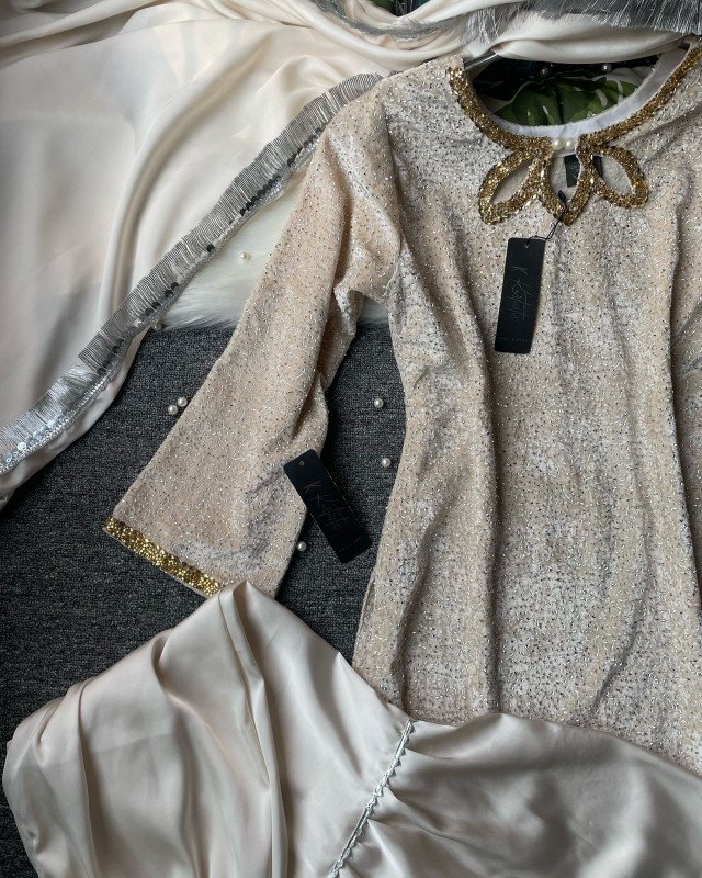 EID COLLECTION - 02 | (Champagne Beige) Premium all over sequins work and stone worked neck three piece set with gharara pant