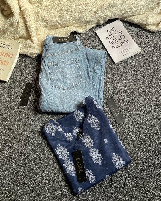 short kurti and jeans - Navy blue base with off-white floral print