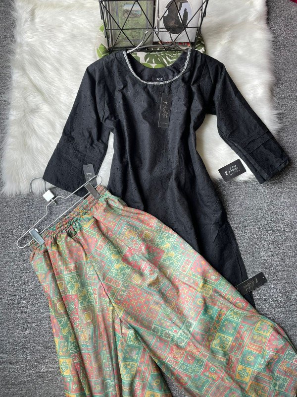 Kurtiistic new arrivals: Chickenkari kurti with georgette printed Plazo ( pant type skirt )  BLACK