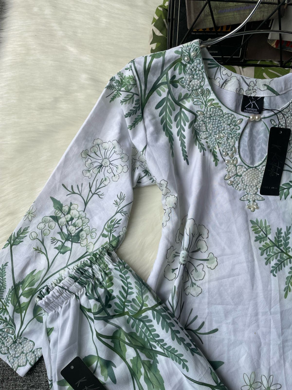 kurtiistic VANGCHUR fabric with digital printed and stone work three pieces ( green floral )