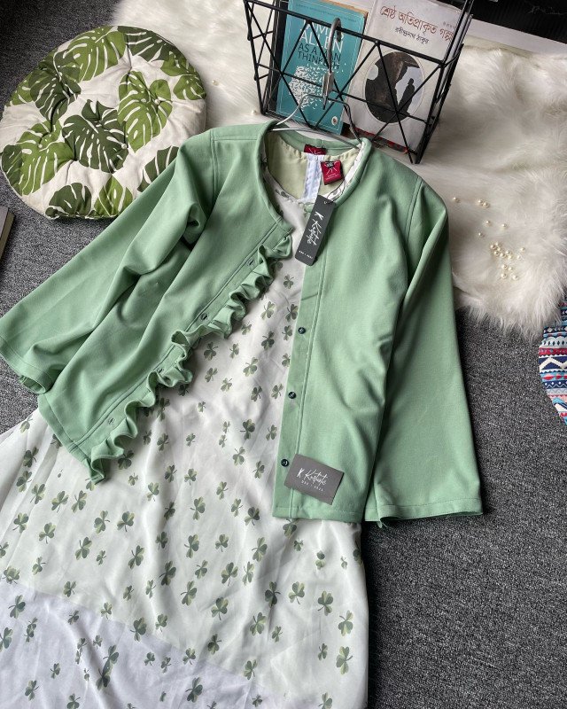kurtiistic SERENA series | Winter special suite -  sage-green floral print, paired with a solid pastel sage-green ruffle knit overlay top.