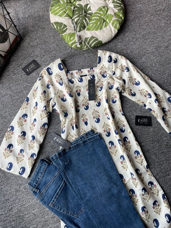 kurtiistic blend cotton kurti W/ jeans - (Off-White with Navy & Golden Motif Print)