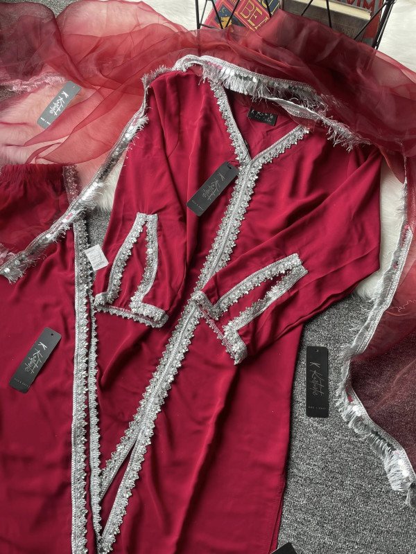 premium red silk stone lace work three piece set