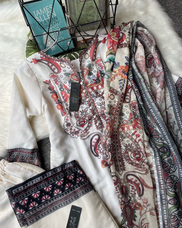 KURTIISTIC EID COLLECTION -  Soft Ivory Floral Elegance Three pieces set.
