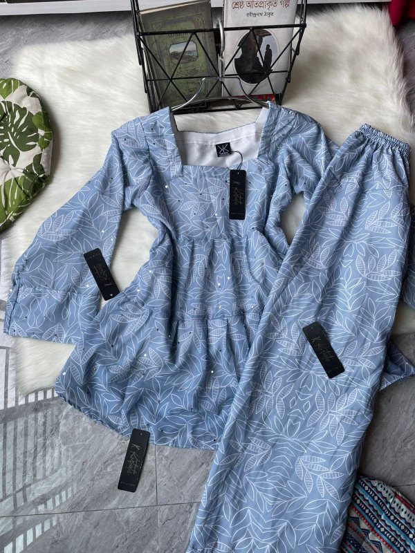 Kurtiistic New Arrivals: “NIRALI” — [ Frost Blue Leaf ] Glittery Stone Work Digital Print Co-ord Set