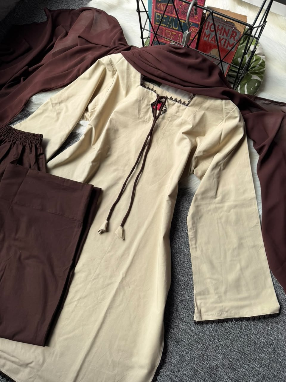 Kurtiistic new arrivals: জুঁই ( brown variant ) premium soft cotton three piece set in a unique Color combination.