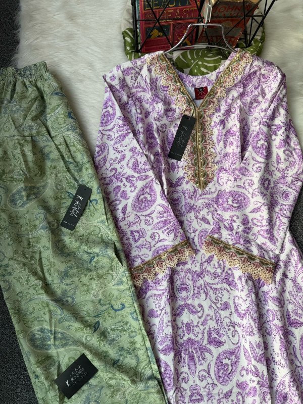 "SHAYRA"  lavender-purple paisley print with Sage Green pant