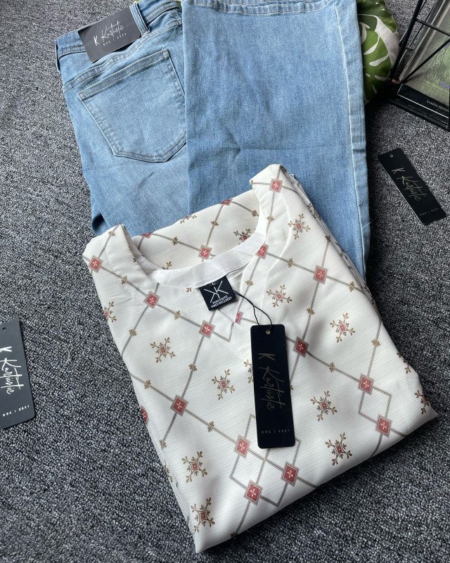 kurtiistic White Gold kurti w/ jeans - Base: Ivory / Off-White  Print: Maroon, Olive Green, and Taupe Grey