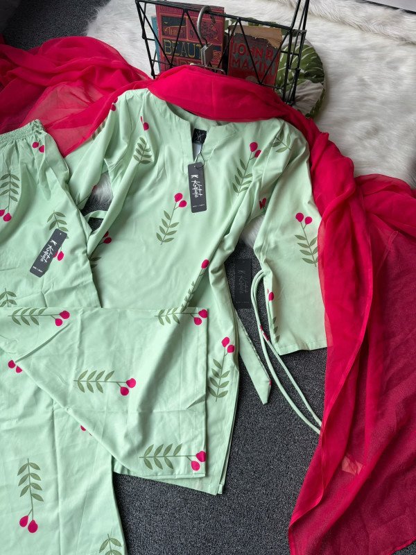 kurtiistic " RUHI" three piece set : Pastel Mint Green / Soft Mint — with Cherry Red dupatta & print