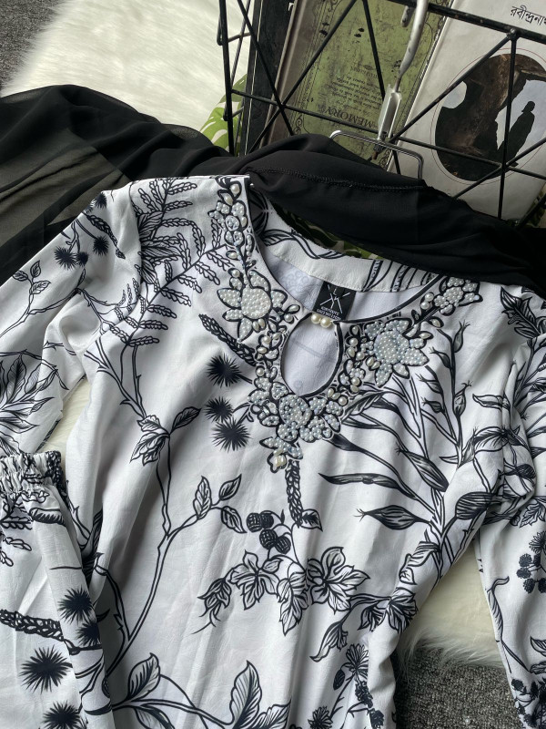 kurtiistic VANGCHUR fabric with digital printed and stone work three pieces ( black floral ) )