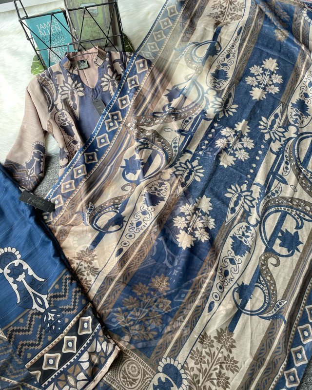 KURTIISTIC EID COLLECTION -  “Steel Blue & Sand Beige” Color Three piece set.