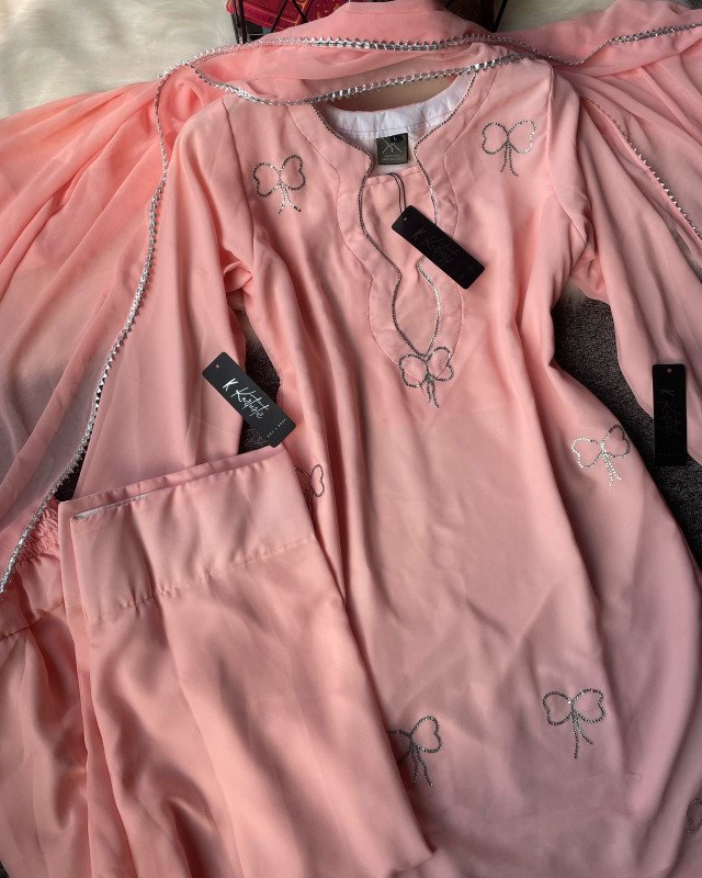 ( Peach Pink ) - Kurtiistic New Eid Arrivals – Eid Exclusive Stone Work “Pookie Designed” Georgette Three Piece Set
