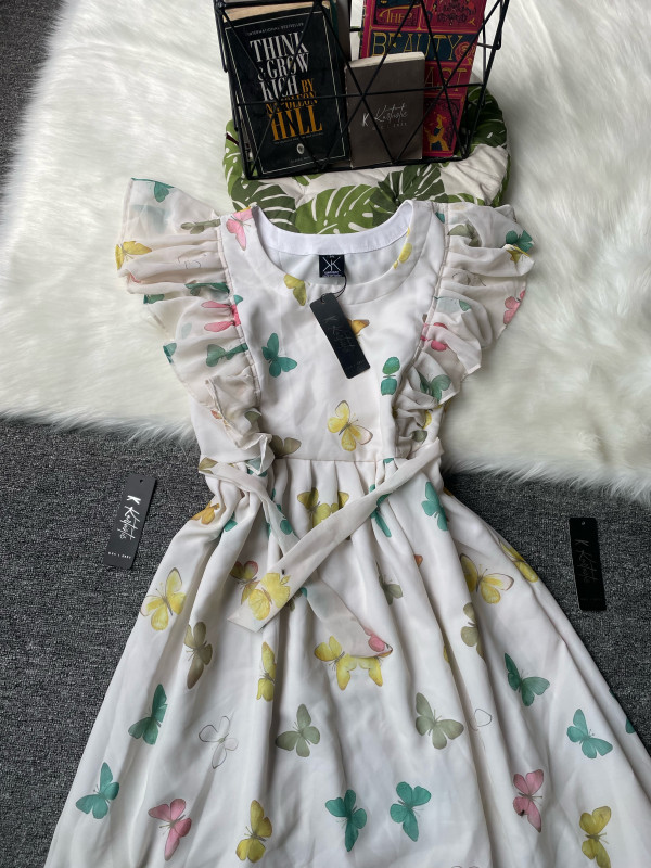 Digital butterfly printed sleeveless gown