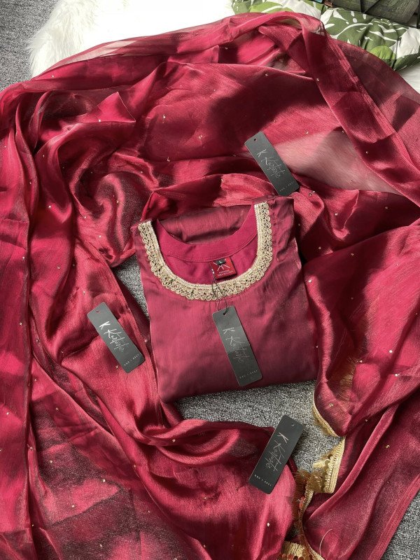 ( GULBAHAR ) deep wine red with subtle golden shimmer | Kurtiistic New eid arrivals Premium Afgan Silk designer gown | Eid collection 2026.