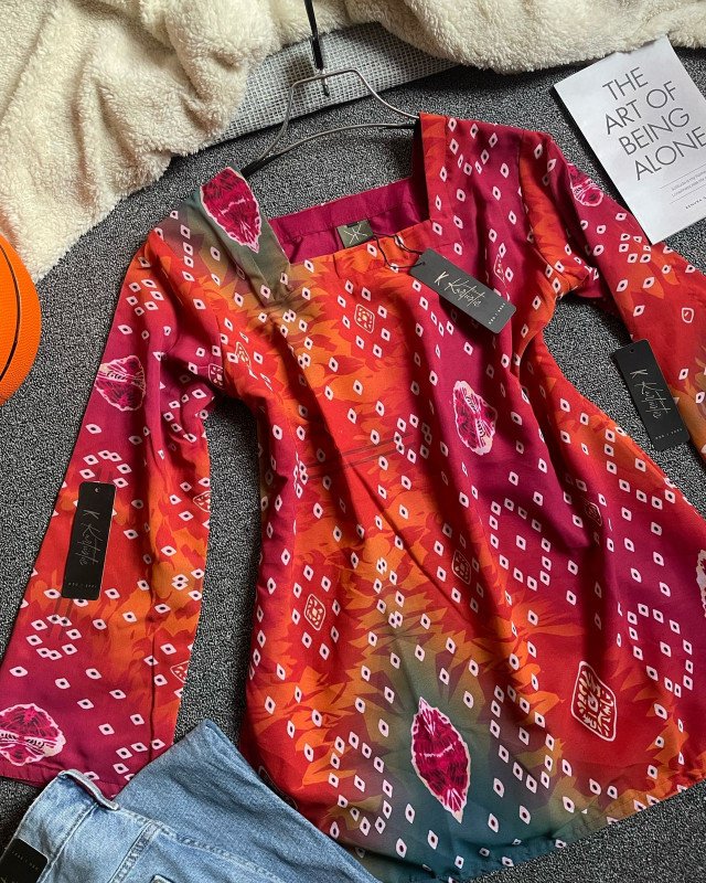 Deep Reddish Pink with Burnt Orange Blend - Vatik inspired prints | kurtiistic new vatik printed ( digital ) Short kurti and jeans| Corset Back kurti