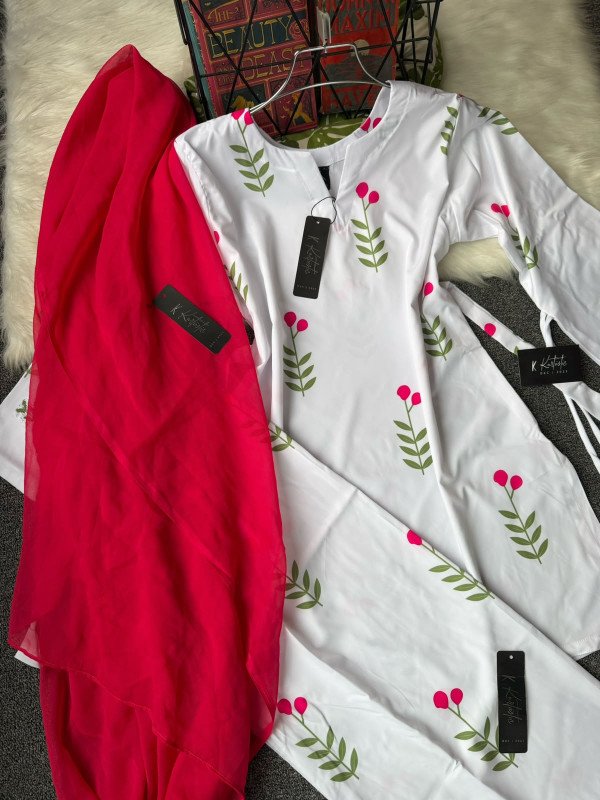 kurtiistic " RUHI" three piece set : White / Pure White — with Olive Green & Cherry Red print
