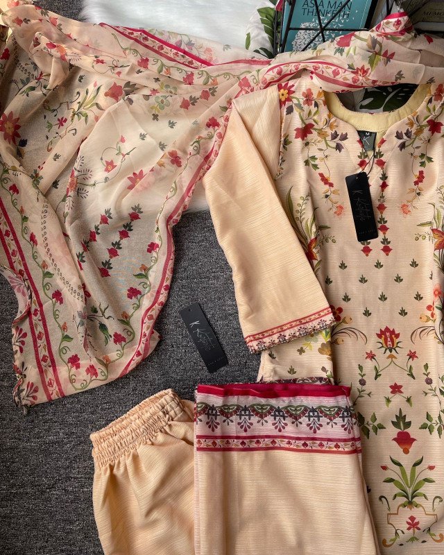( Soft Peach Beige ) Kurtiistic Eid Collection | premium lifetime color guarantee printed three piece set available now only on Kurtiistic |
