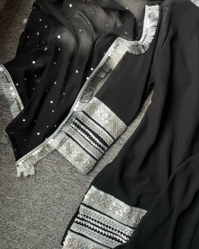 (BLACK) kurtiistic Eid Collection : ( 06 ) Kurti with ruffled palazzo-style pants ( wide - leg pants ) with all over mirror & lace work gorgeous dupatta.