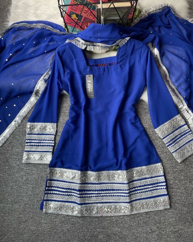 (RED) kurtiistic Eid Collection : ( 06 ) Kurti with ruffled palazzo-style pants ( wide - leg pants ) with all over mirror & lace work gorgeous dupatta.