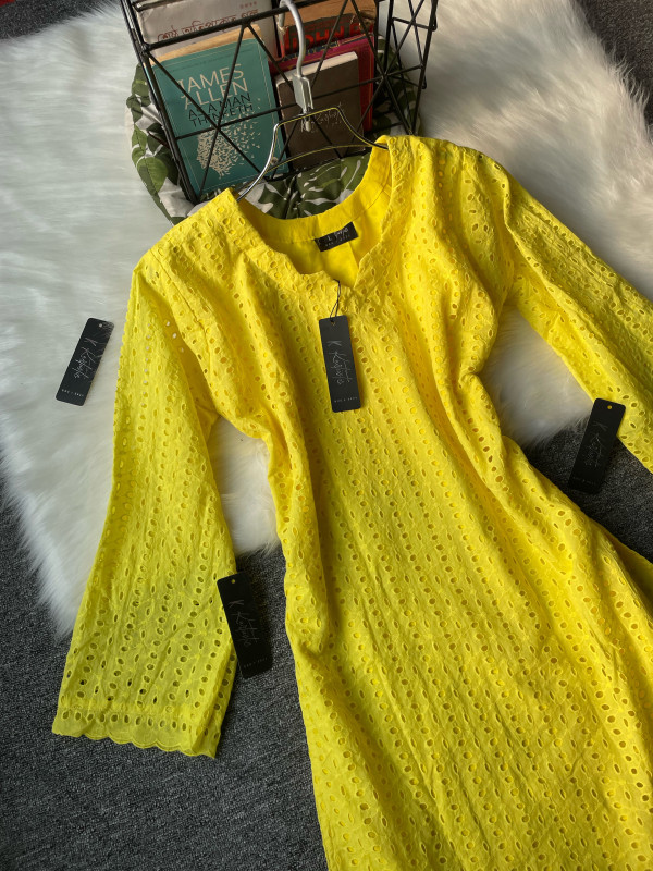Kurtiistic yellow chikankari with farshi shalwar